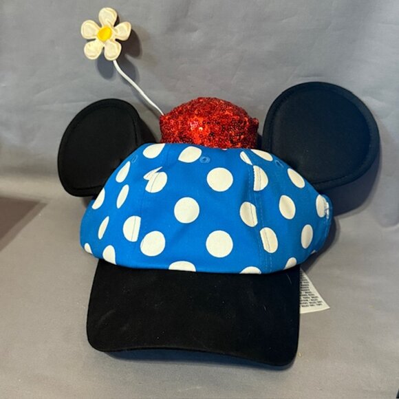 Vintage Walt Disney Minnie Mouse Ears Hat Bow Flower Blue Polka Dot Souvenir Kid - Picture 1 of 4